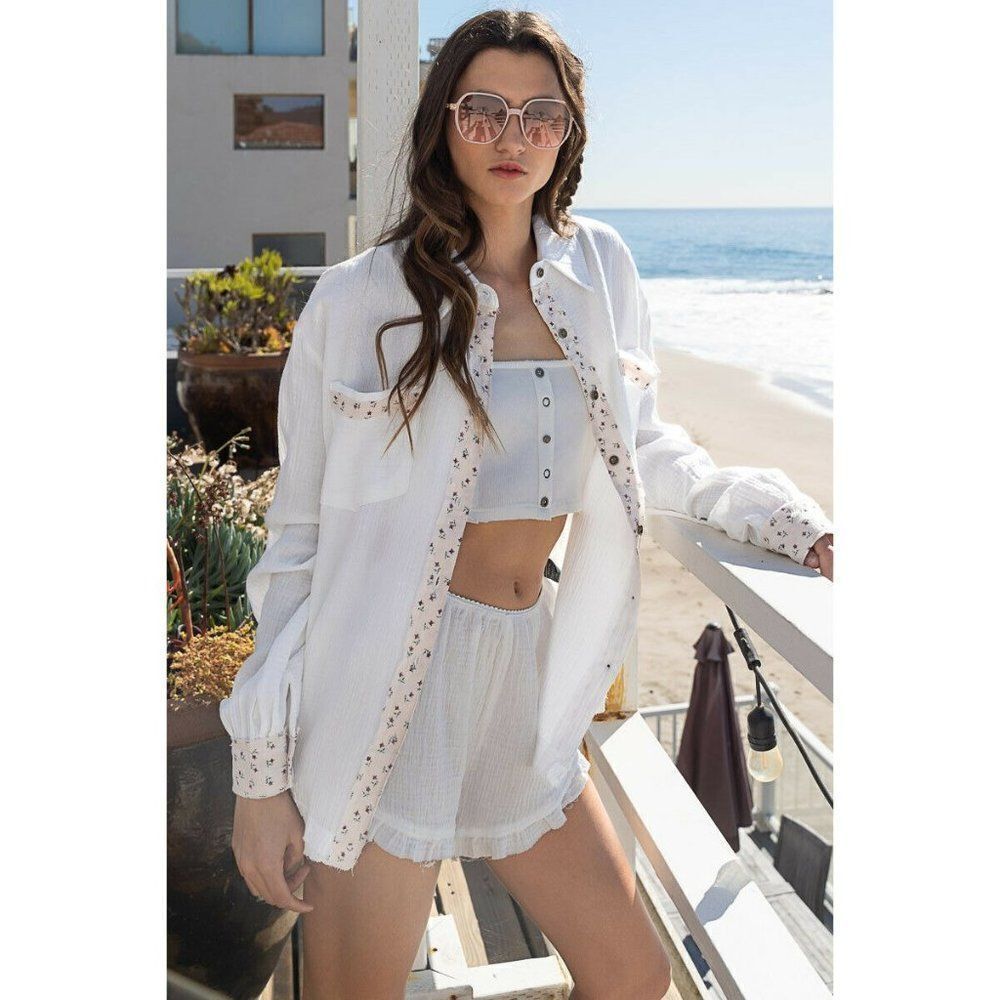 SALE! POL CLOTHING WHITE GAUZE SHACKET WOMEN BEACH COVER UP SUMMER FLORAL TRIM